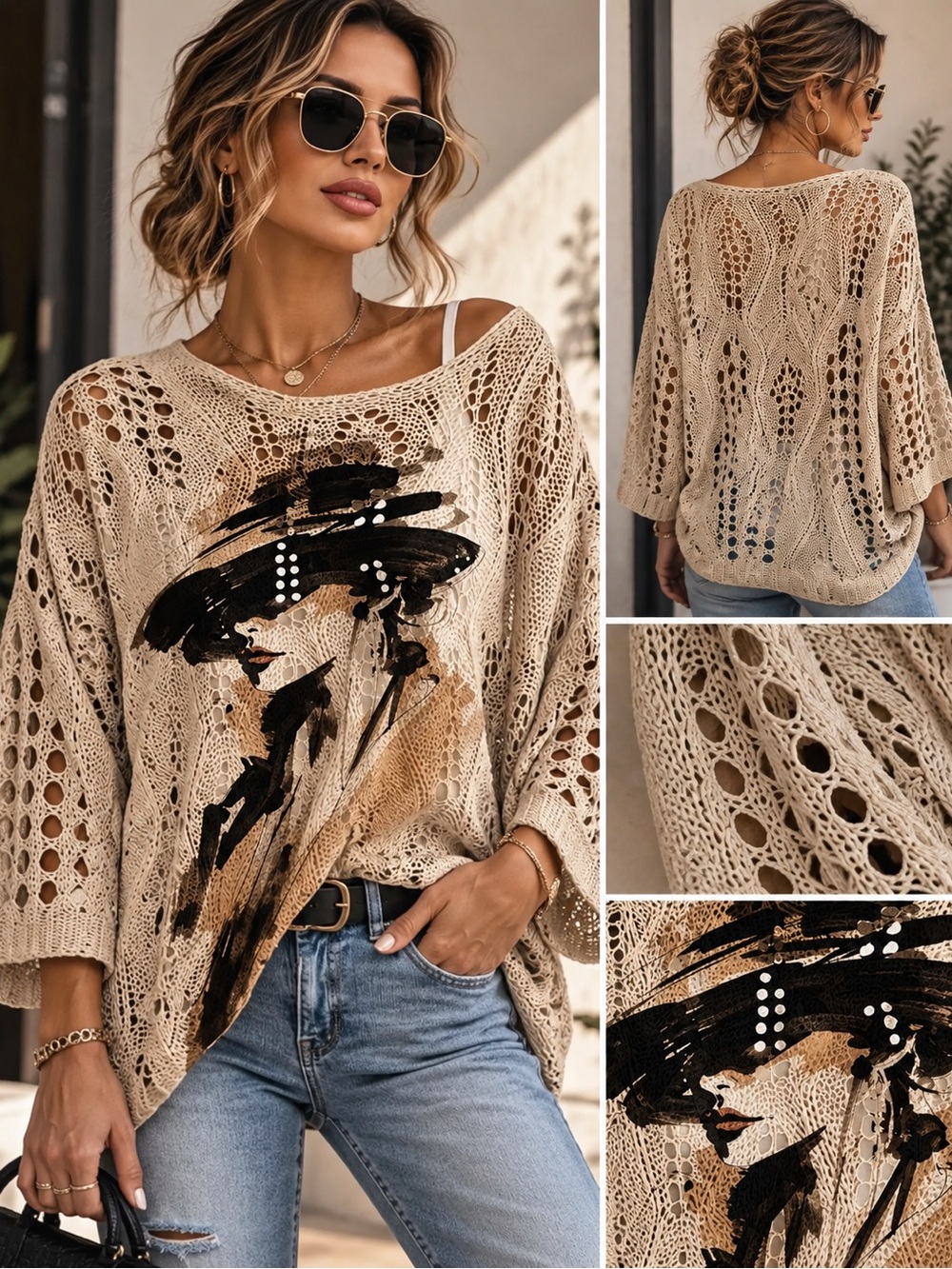 Beige Off-the-Shoulder Crochet Sweater with Artistic Portrait Print